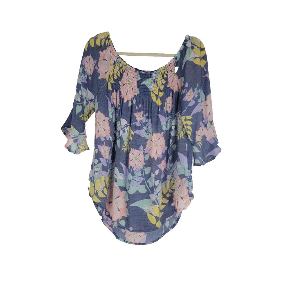Ashley Blue Top Floral Tunic Blouse Short Bell Sleeves Womens size XL